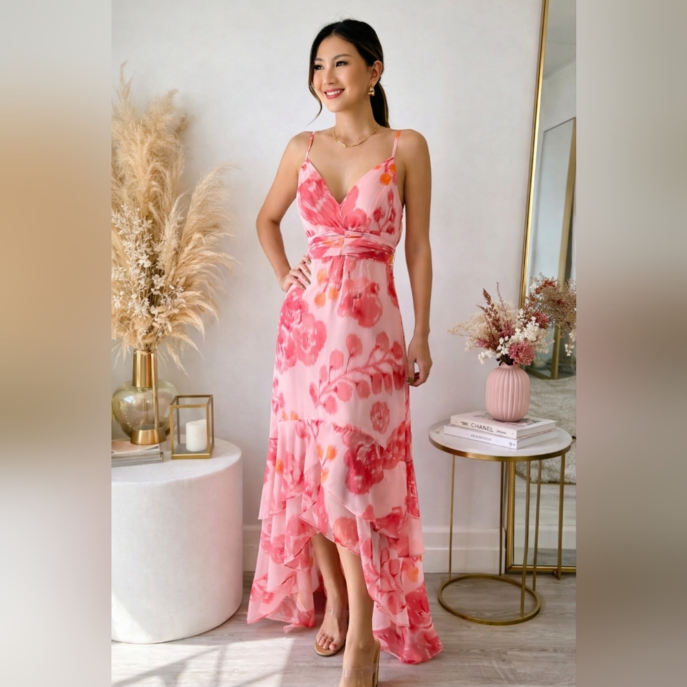 NWTHutch Loren Pink & Coral Floral High-Low Maxi Dress Size XS